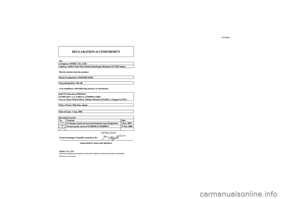 YAMAHA FJR1300A 2007  Owners Manual EAU26943
DECLARATION of CONFORMITY
WeCompany: MORIC CO., LTD.
Address: 1450-6 Mori Mori-Machi Shuchi-gun Shizuoka 437-0292 Japan
Hereby declare that the product:
Kind of equipment: IMMOBILIZER
Type-de