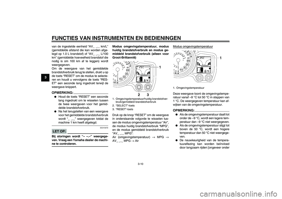 YAMAHA FJR1300A 2007  Instructieboekje (in Dutch) FUNCTIES VAN INSTRUMENTEN EN BEDIENINGEN
3-10
3
van de ingestelde eenheid “AV_ _._ km/L”
(gemiddelde afstand die kan worden afge-
legd op 1.0 L brandstof) of “AV_ _._ L/100
km” (gemiddelde hoe