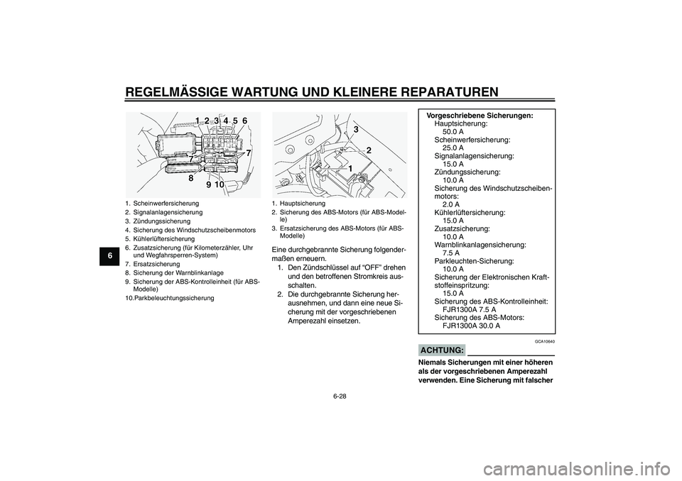 YAMAHA FJR1300A 2005  Betriebsanleitungen (in German) REGELMÄSSIGE WARTUNG UND KLEINERE REPARATUREN
6-28
6
Eine durchgebrannte Sicherung folgender-
maßen erneuern.
1. Den Zündschlüssel auf “OFF” drehen 
und den betroffenen Stromkreis aus-
schalte
