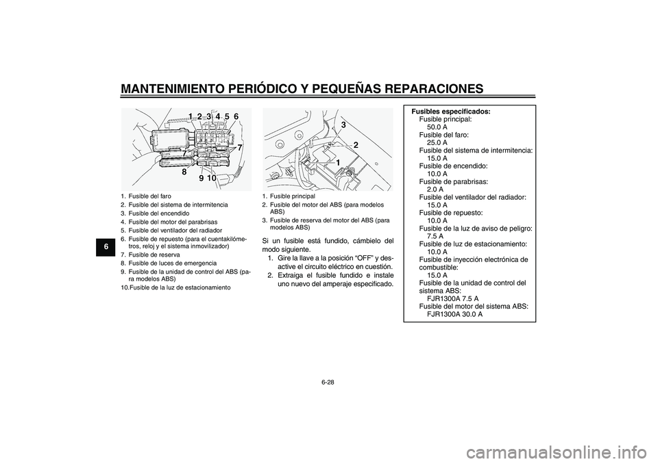 YAMAHA FJR1300A 2005 Manuale de Empleo (in Spanish) MANTENIMIENTO PERIÓDICO Y PEQUEÑAS REPARACIONES
6-28
6
Si un fusible está fundido, cámbielo del
modo siguiente.
1. Gire la llave a la posición “OFF” y des-
active el circuito eléctrico en cu YAMAHA FJR1300A 2005 Manuale de Empleo (in Spanish) MANTENIMIENTO PERIÓDICO Y PEQUEÑAS REPARACIONES
6-28
6
Si un fusible está fundido, cámbielo del
modo siguiente.
1. Gire la llave a la posición “OFF” y des-
active el circuito eléctrico en cu