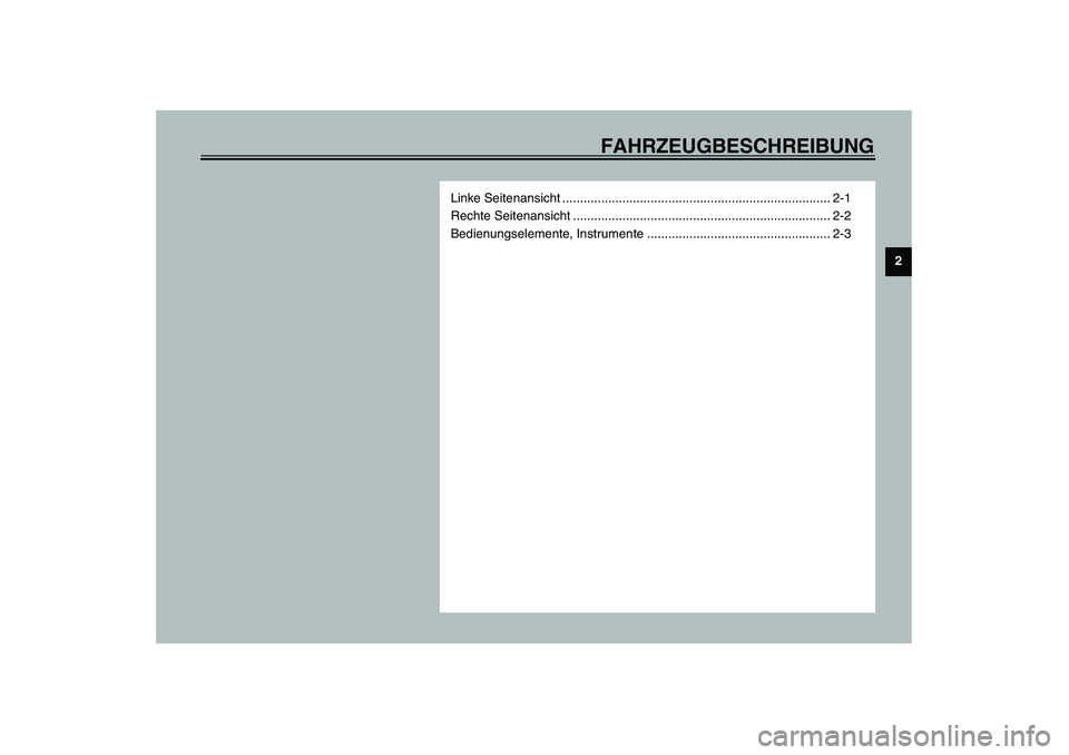 YAMAHA FJR1300A 2003  Betriebsanleitungen (in German) FAHRZEUGBESCHREIBUNG
2
Linke Seitenansicht ............................................................................ 2-1
Rechte Seitenansicht .......................................................