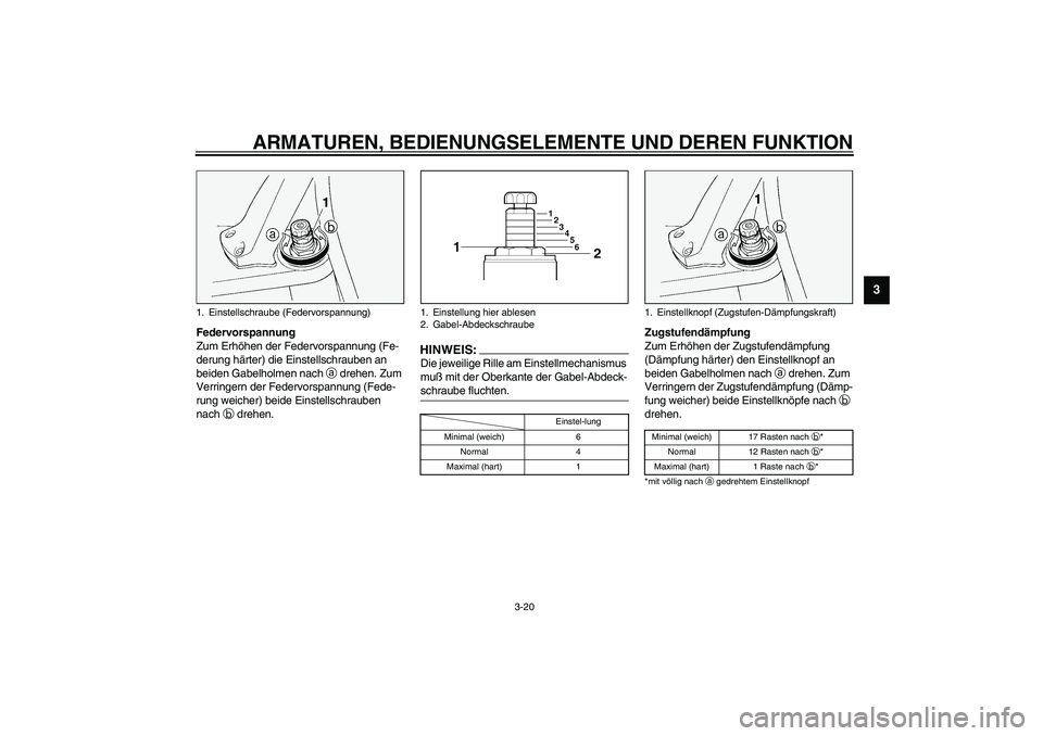 YAMAHA FJR1300A 2003 Betriebsanleitungen (in German) ARMATUREN, BEDIENUNGSELEMENTE UND DEREN FUNKTION
3-20
3
Federvorspannung
Zum Erhöhen der Federvorspannung (Fe-
derung härter) die Einstellschrauben an
beiden Gabelholmen nach
a drehen. Zum
Verrin YAMAHA FJR1300A 2003 Betriebsanleitungen (in German) ARMATUREN, BEDIENUNGSELEMENTE UND DEREN FUNKTION
3-20
3
Federvorspannung
Zum Erhöhen der Federvorspannung (Fe-
derung härter) die Einstellschrauben an
beiden Gabelholmen nach
a drehen. Zum
Verrin
