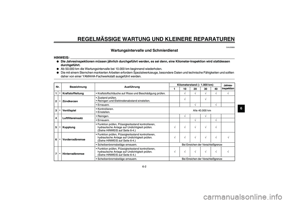 YAMAHA FJR1300A 2003 Betriebsanleitungen (in German) REGELMÄSSIGE WARTUNG UND KLEINERE REPARATUREN
6-2
6
GAU03685
Wartungsintervalle und Schmierdienst
HINWEIS:_
Die Jahresinspektionen müssen jährlich durchgeführt werden, es sei denn, eine Kilomet YAMAHA FJR1300A 2003 Betriebsanleitungen (in German) REGELMÄSSIGE WARTUNG UND KLEINERE REPARATUREN
6-2
6
GAU03685
Wartungsintervalle und Schmierdienst
HINWEIS:_
Die Jahresinspektionen müssen jährlich durchgeführt werden, es sei denn, eine Kilomet