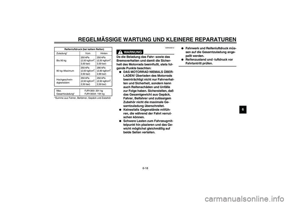 YAMAHA FJR1300A 2003 Betriebsanleitungen (in German) REGELMÄSSIGE WARTUNG UND KLEINERE REPARATUREN
6-18
6
CE-01G
CE-07GGWA00012
WARNUNG
_ Da die Beladung das Fahr- sowie das
Bremsverhalten und damit die Sicher-
heit des Motorrads beeinflußt, stets fo YAMAHA FJR1300A 2003 Betriebsanleitungen (in German) REGELMÄSSIGE WARTUNG UND KLEINERE REPARATUREN
6-18
6
CE-01G
CE-07GGWA00012
WARNUNG
_ Da die Beladung das Fahr- sowie das
Bremsverhalten und damit die Sicher-
heit des Motorrads beeinflußt, stets fo