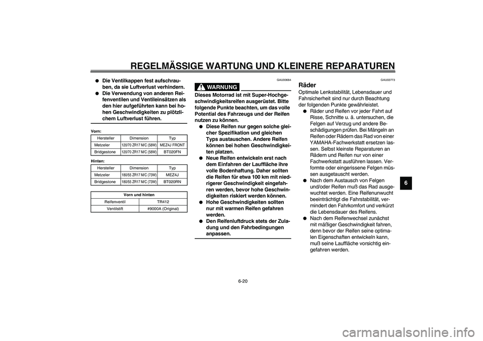 YAMAHA FJR1300A 2003 Betriebsanleitungen (in German) REGELMÄSSIGE WARTUNG UND KLEINERE REPARATUREN
6-20
6
Die Ventilkappen fest aufschrau-
ben, da sie Luftverlust verhindern.
Die Verwendung von anderen Rei-
fenventilen und Ventileinsätzen als
den YAMAHA FJR1300A 2003 Betriebsanleitungen (in German) REGELMÄSSIGE WARTUNG UND KLEINERE REPARATUREN
6-20
6
Die Ventilkappen fest aufschrau-
ben, da sie Luftverlust verhindern.
Die Verwendung von anderen Rei-
fenventilen und Ventileinsätzen als
den