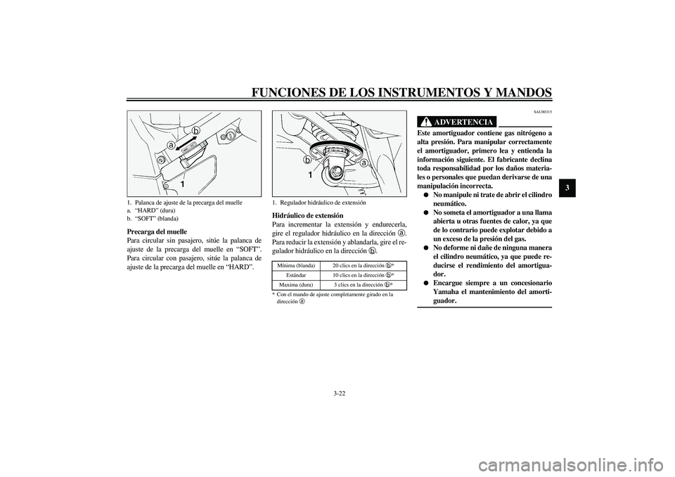 YAMAHA FJR1300A 2003 Manuale de Empleo (in Spanish) FUNCIONES DE LOS INSTRUMENTOS Y MANDOS
3-22
3
Precarga del muelle
Para circular sin pasajero, sitúe la palanca de
ajuste de la precarga del muelle en “SOFT”.
Para circular con pasajero, sitúe la YAMAHA FJR1300A 2003 Manuale de Empleo (in Spanish) FUNCIONES DE LOS INSTRUMENTOS Y MANDOS
3-22
3
Precarga del muelle
Para circular sin pasajero, sitúe la palanca de
ajuste de la precarga del muelle en “SOFT”.
Para circular con pasajero, sitúe la