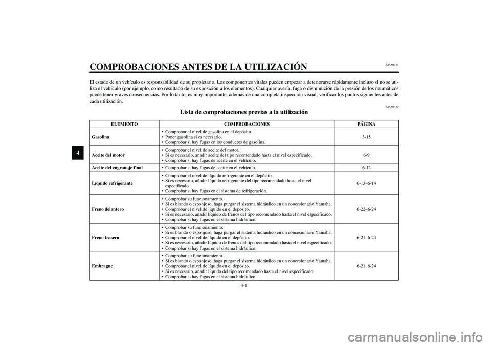 YAMAHA FJR1300A 2003 Manuale de Empleo (in Spanish) 4-1
4
SAU01114
4-COMPROBACIONES ANTES DE LA UTILIZACIÓNEl estado de un vehículo es responsabilidad de su propietario. Los componentes vitales pueden empezar a deteriorarse rápidamente incluso si no YAMAHA FJR1300A 2003 Manuale de Empleo (in Spanish) 4-1
4
SAU01114
4-COMPROBACIONES ANTES DE LA UTILIZACIÓNEl estado de un vehículo es responsabilidad de su propietario. Los componentes vitales pueden empezar a deteriorarse rápidamente incluso si no