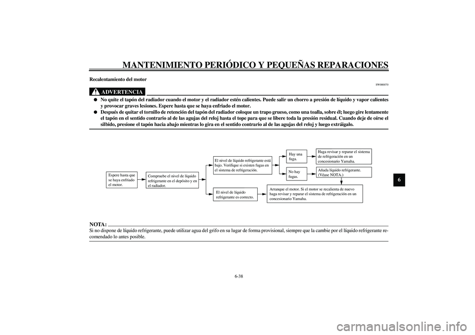YAMAHA FJR1300A 2003 Manuale de Empleo (in Spanish) MANTENIMIENTO PERIÓDICO Y PEQUEÑAS REPARACIONES
6-38
6
Recalentamiento del motor
SW000070
ADVERTENCIA
_
No quite el tapón del radiador cuando el motor y el radiador estén calientes. Puede salir YAMAHA FJR1300A 2003 Manuale de Empleo (in Spanish) MANTENIMIENTO PERIÓDICO Y PEQUEÑAS REPARACIONES
6-38
6
Recalentamiento del motor
SW000070
ADVERTENCIA
_
No quite el tapón del radiador cuando el motor y el radiador estén calientes. Puede salir