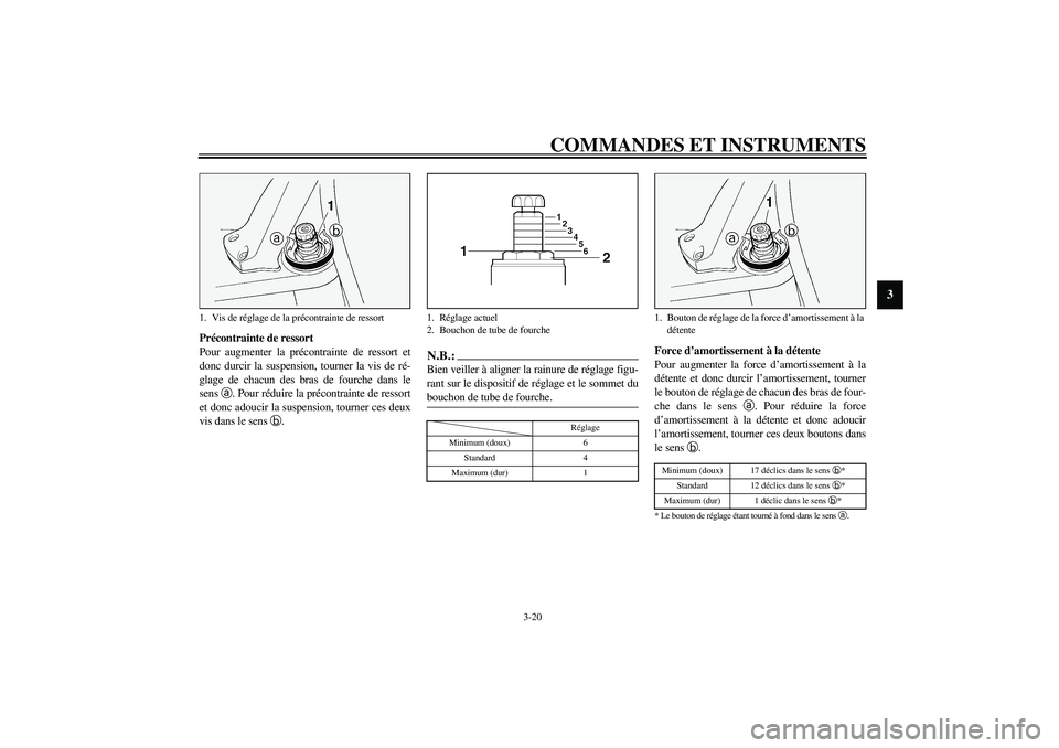 YAMAHA FJR1300A 2003 Notices Demploi (in French) COMMANDES ET INSTRUMENTS
3-20
3
Précontrainte de ressort
Pour augmenter la précontrainte de ressort et
donc durcir la suspension, tourner la vis de ré-
glage de chacun des bras de fourche dans le
s YAMAHA FJR1300A 2003 Notices Demploi (in French) COMMANDES ET INSTRUMENTS
3-20
3
Précontrainte de ressort
Pour augmenter la précontrainte de ressort et
donc durcir la suspension, tourner la vis de ré-
glage de chacun des bras de fourche dans le
s