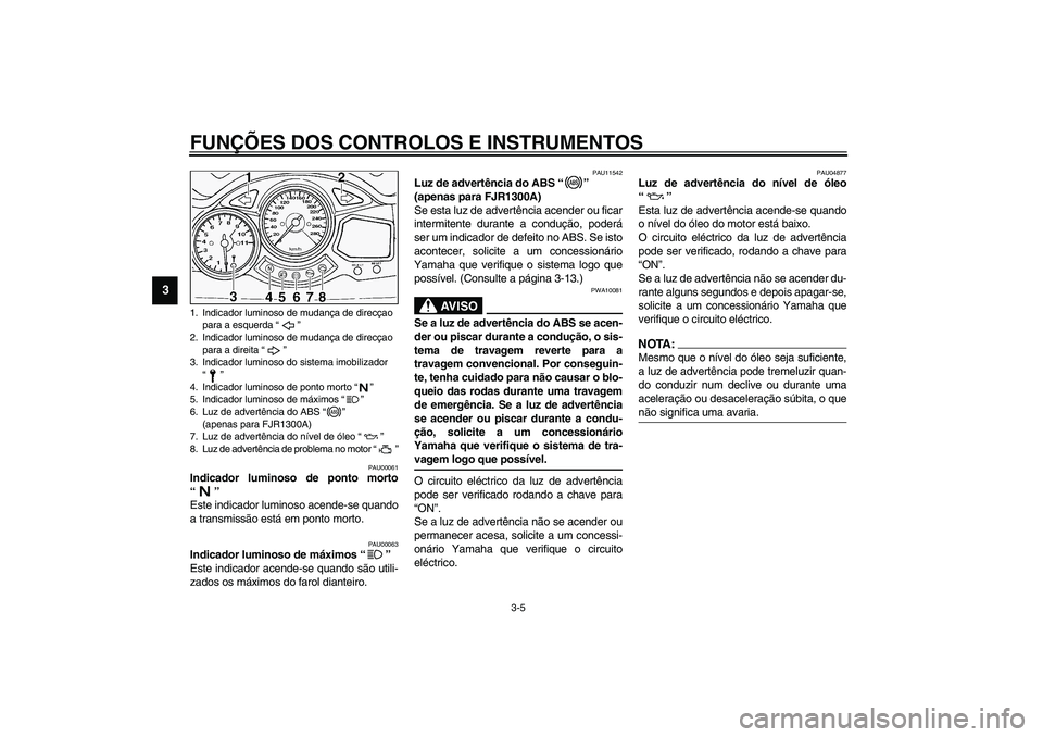 YAMAHA FJR1300A 2003 Manual de utilização (in Portuguese) FUNÇÕES DOS CONTROLOS E INSTRUMENTOS
3-5
3
PAU00061
Indicador luminoso de ponto morto
“”
Este indicador luminoso acende-se quando
a transmissão está em ponto morto.
PAU00063
Indicador luminos YAMAHA FJR1300A 2003 Manual de utilização (in Portuguese) FUNÇÕES DOS CONTROLOS E INSTRUMENTOS
3-5
3
PAU00061
Indicador luminoso de ponto morto
“”
Este indicador luminoso acende-se quando
a transmissão está em ponto morto.
PAU00063
Indicador luminos