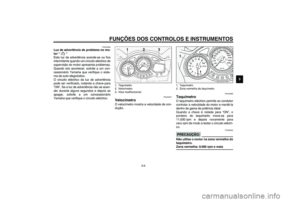 YAMAHA FJR1300A 2003 Manual de utilização (in Portuguese) FUNÇÕES DOS CONTROLOS E INSTRUMENTOS
3-6
3
PAU04585
Luz de advertência de problema no mo-
tor “ ”
Esta luz de advertência acende-se ou fica
intermitente quando um circuito eléctrico de
super YAMAHA FJR1300A 2003 Manual de utilização (in Portuguese) FUNÇÕES DOS CONTROLOS E INSTRUMENTOS
3-6
3
PAU04585
Luz de advertência de problema no mo-
tor “ ”
Esta luz de advertência acende-se ou fica
intermitente quando um circuito eléctrico de
super