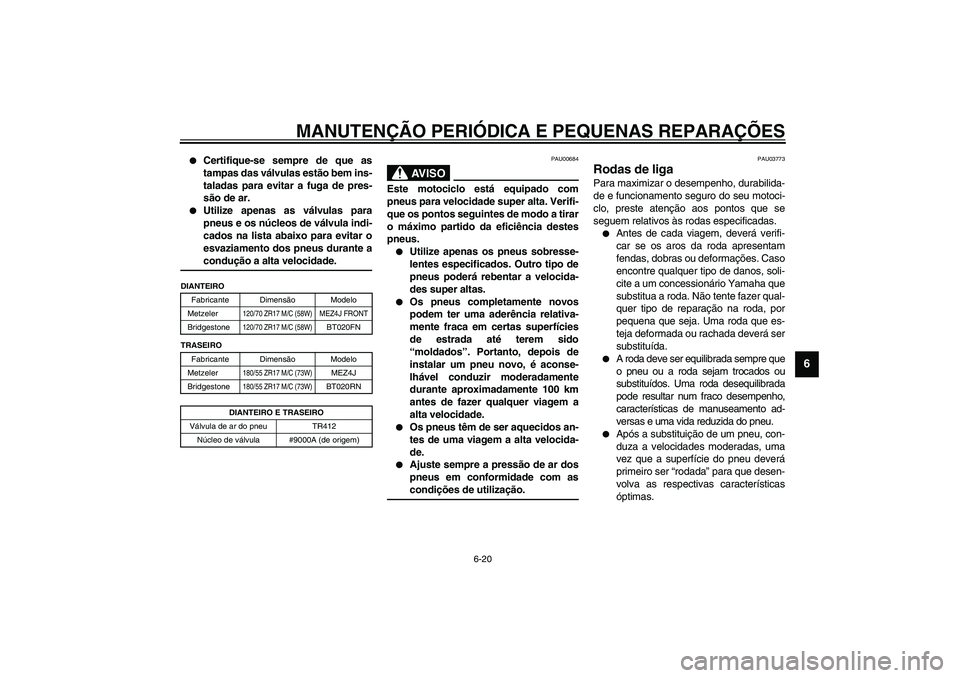 YAMAHA FJR1300A 2003 Manual de utilização (in Portuguese) MANUTENÇÃO PERIÓDICA E PEQUENAS REPARAÇÕES
6-20
6
Certifique-se sempre de que as
tampas das válvulas estão bem ins-
taladas para evitar a fuga de pres-
são de ar.
Utilize apenas as válvu YAMAHA FJR1300A 2003 Manual de utilização (in Portuguese) MANUTENÇÃO PERIÓDICA E PEQUENAS REPARAÇÕES
6-20
6
Certifique-se sempre de que as
tampas das válvulas estão bem ins-
taladas para evitar a fuga de pres-
são de ar.
Utilize apenas as válvu