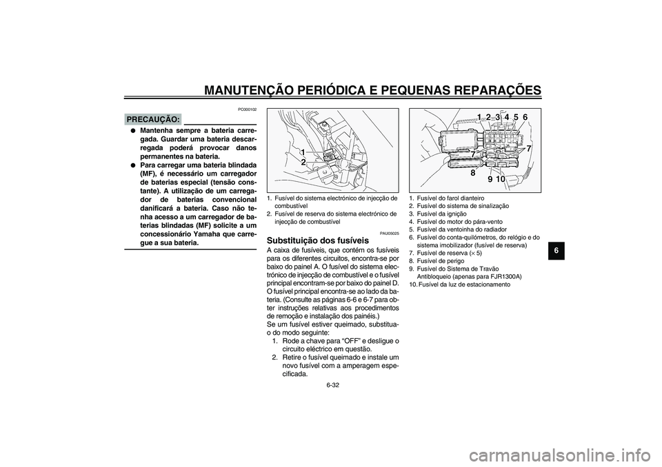 YAMAHA FJR1300A 2003 Manual de utilização (in Portuguese) MANUTENÇÃO PERIÓDICA E PEQUENAS REPARAÇÕES
6-32
6
PC000102
PRECAUÇÃO:_
Mantenha sempre a bateria carre-
gada. Guardar uma bateria descar-
regada poderá provocar danos
permanentes na bateria. YAMAHA FJR1300A 2003 Manual de utilização (in Portuguese) MANUTENÇÃO PERIÓDICA E PEQUENAS REPARAÇÕES
6-32
6
PC000102
PRECAUÇÃO:_
Mantenha sempre a bateria carre-
gada. Guardar uma bateria descar-
regada poderá provocar danos
permanentes na bateria.