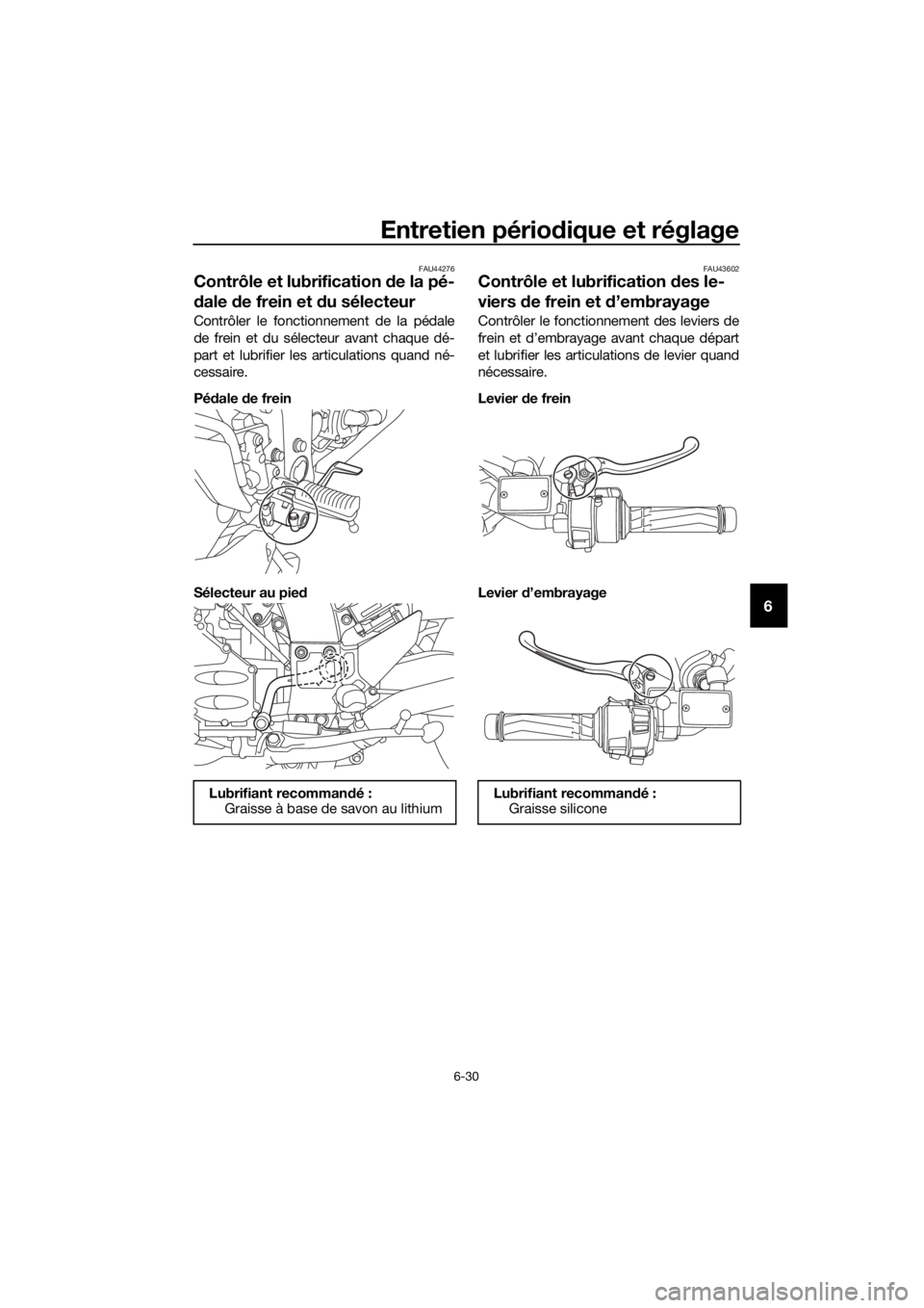 YAMAHA FJR1300AE 2016  Notices Demploi (in French) Entretien périodique et réglage
6-30
6
FAU44276
Contrôle et lubrification  de la pé-
d ale  de frein et d u sélecteur
Contrôler le fonctionnement de la pédale
de frein et du sélecteur avant ch