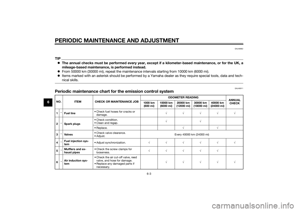 YAMAHA FJR1300AE 2015  Owners Manual PERIODIC MAINTENANCE AND ADJUSTMENT
6-3
6
EAU46862
TIPThe annual checks must b e performed every year, except if a kilometer- based  maintenance, or for the UK, a
milea ge- based  maintenance, is p