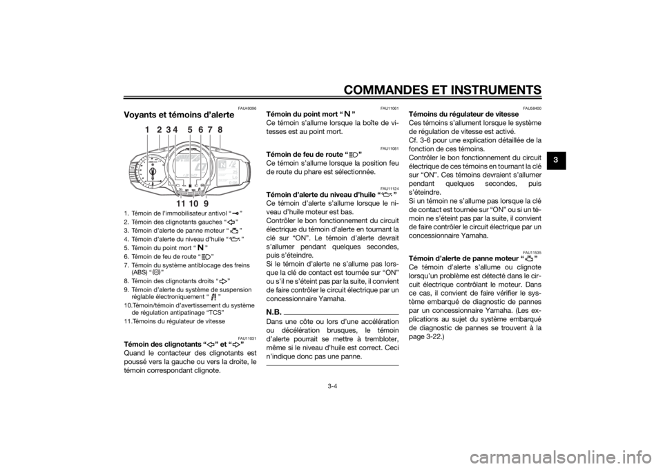 YAMAHA FJR1300AE 2015  Notices Demploi (in French) COMMANDES ET INSTRUMENTS
3-4
3
FAU49396
Voyants et témoins d’alerte
FAU11031
Témoin  des clignotants “ ” et “ ”
Quand le contacteur des clignotants est
poussé vers la gauche ou vers la dr