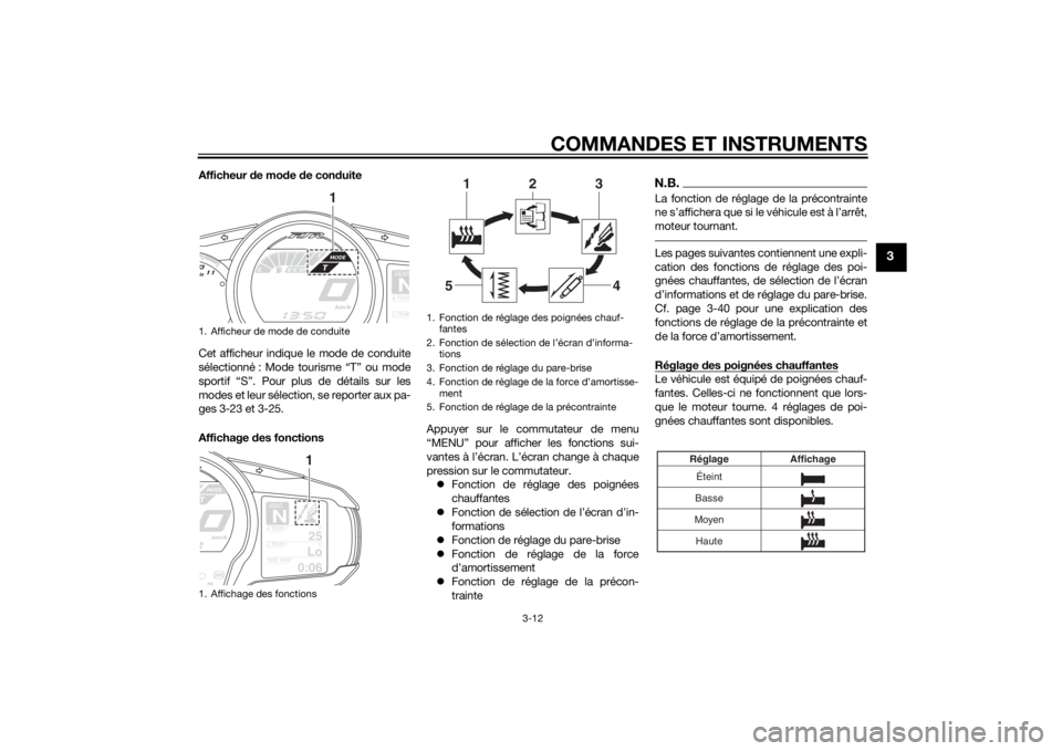 YAMAHA FJR1300AE 2015  Notices Demploi (in French) COMMANDES ET INSTRUMENTS
3-12
3
Afficheur de mo de  de con duite
Cet afficheur indique le mode de conduite
sélectionné : Mode tourisme “T” ou mode
sportif “S”. Pour plus de détails sur les
