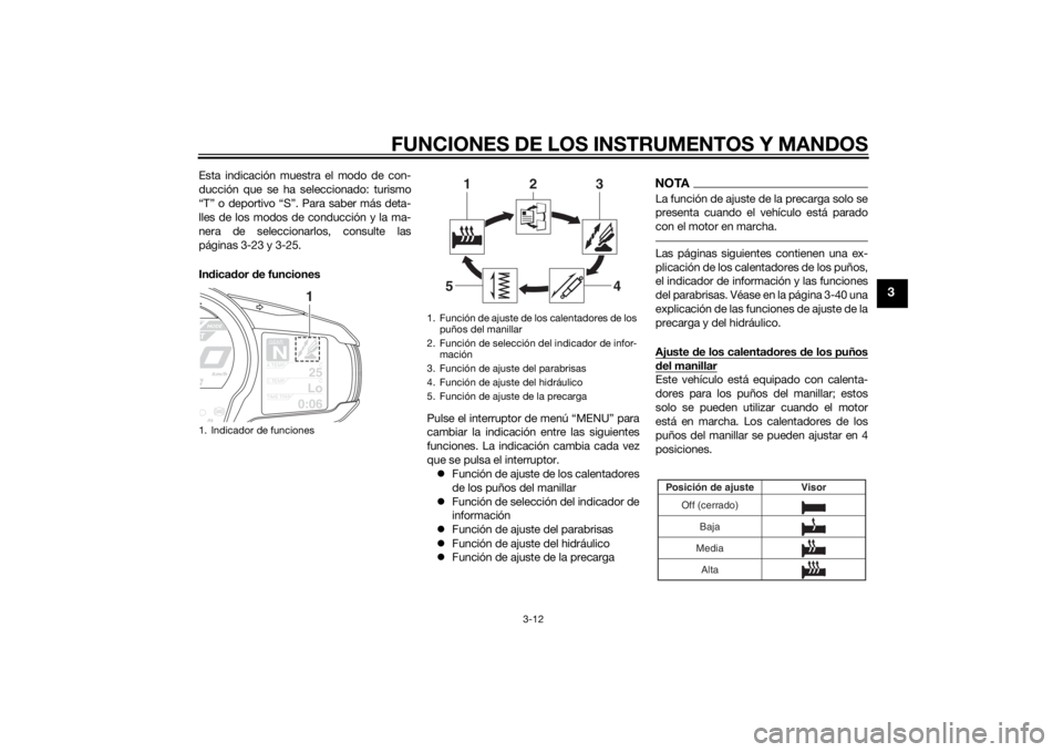 YAMAHA FJR1300AE 2014 Manuale de Empleo (in Spanish) FUNCIONES DE LOS INSTRUMENTOS Y MANDOS
3-12
3
Esta indicación muestra el modo de con-
ducción que se ha seleccionado: turismo
“T” o deportivo “S”. Para saber más deta-
lles de los modos de YAMAHA FJR1300AE 2014 Manuale de Empleo (in Spanish) FUNCIONES DE LOS INSTRUMENTOS Y MANDOS
3-12
3
Esta indicación muestra el modo de con-
ducción que se ha seleccionado: turismo
“T” o deportivo “S”. Para saber más deta-
lles de los modos de