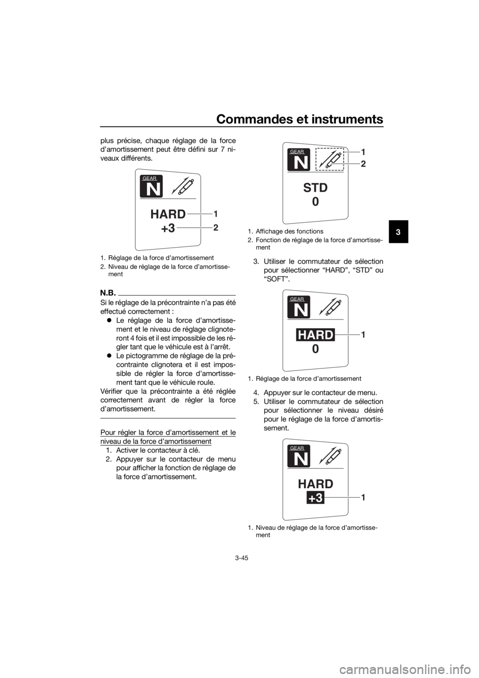 YAMAHA FJR1300AS 2020  Notices Demploi (in French) Commandes et instruments
3-45
3
plus précise, chaque réglage de la force
d’amortissement peut être défini sur 7 ni-
veaux différents.
N.B.
Si le réglage de la précontrainte n’a pas été
ef