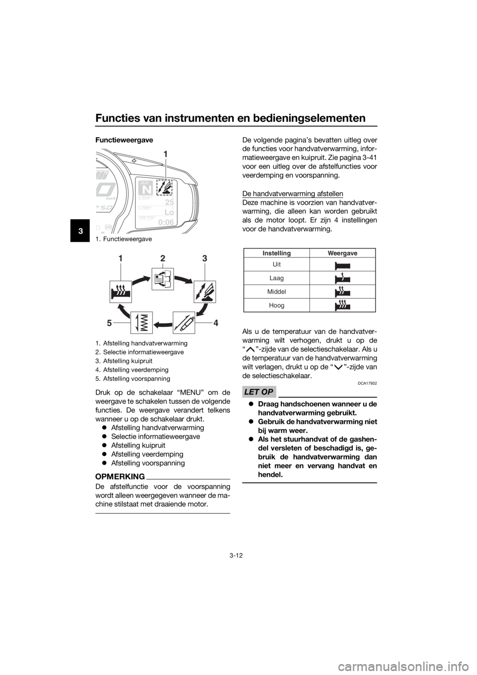 YAMAHA FJR1300AS 2020 Instructieboekje (in Dutch) Functies van instrumenten en bed iening selementen
3-12
3
Functieweerg ave
Druk op de schakelaar “MENU” om de
weergave te schakelen tussen de volgende
functies. De weergave verandert telkens
wanne YAMAHA FJR1300AS 2020 Instructieboekje (in Dutch) Functies van instrumenten en bed iening selementen
3-12
3
Functieweerg ave
Druk op de schakelaar “MENU” om de
weergave te schakelen tussen de volgende
functies. De weergave verandert telkens
wanne
