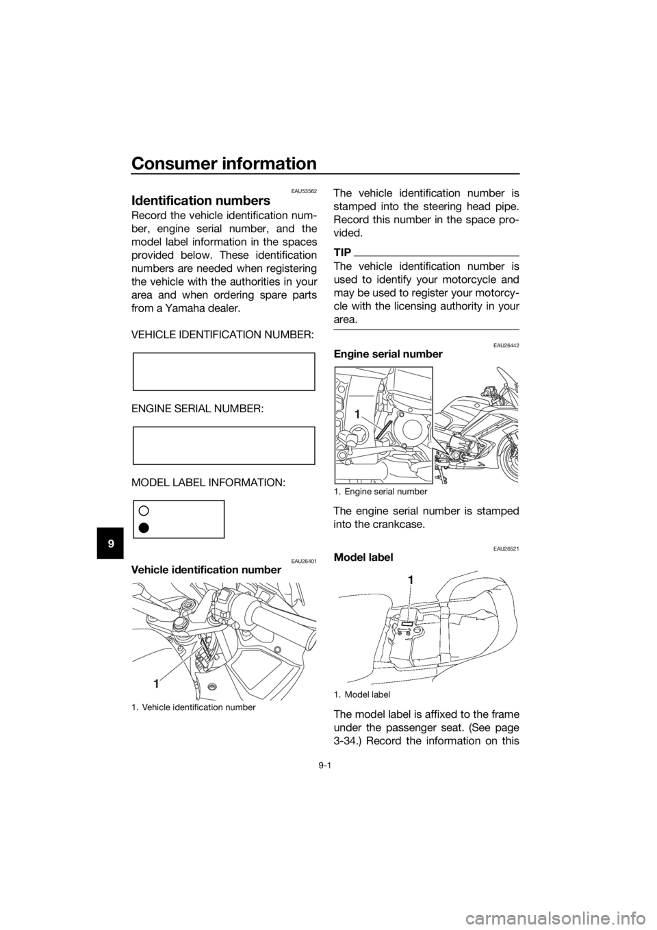 YAMAHA FJR1300AS 2016  Owners Manual Consumer information
9-1
9
EAU53562
Id entification num bers
Record the vehicle identification num-
ber, engine serial number, and the
model label information in the spaces
provided below. These ident
