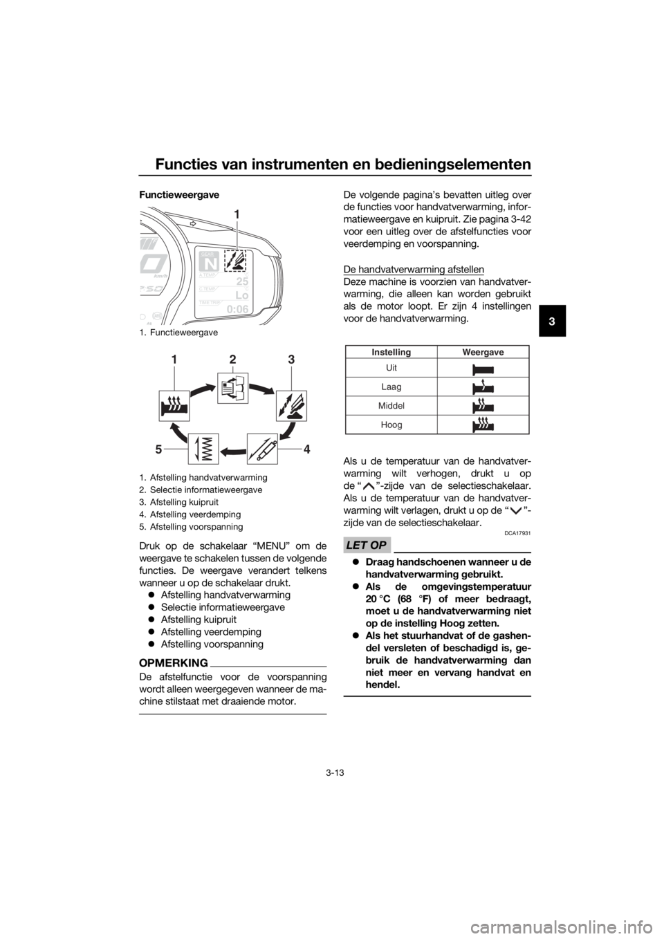 YAMAHA FJR1300AS 2016  Instructieboekje (in Dutch) Functies van instrumenten en bed ienin gselementen
3-13
3
Functieweer gave
Druk op de schakelaar “MENU” om de
weergave te schakelen tussen de volgende
functies. De weergave verandert telkens
wanne