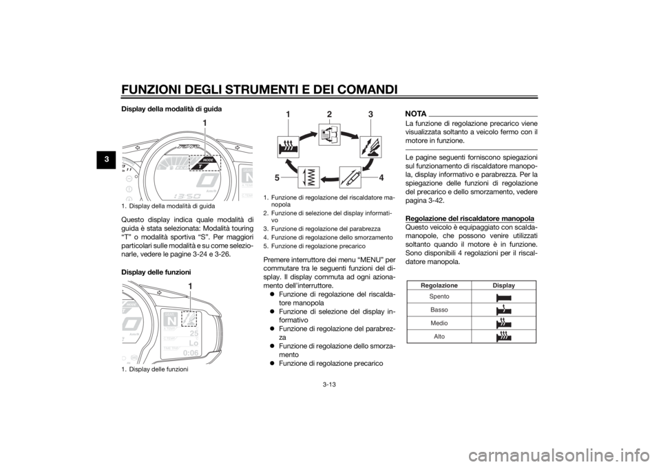 YAMAHA FJR1300AS 2015  Manuale duso (in Italian) FUNZIONI DEGLI STRUMENTI E DEI COMANDI
3-13
3
Display della modalità di guida
Questo display indica quale modalità di
guida è stata selezionata: Modalità touring
“T” o modalità sportiva “S
