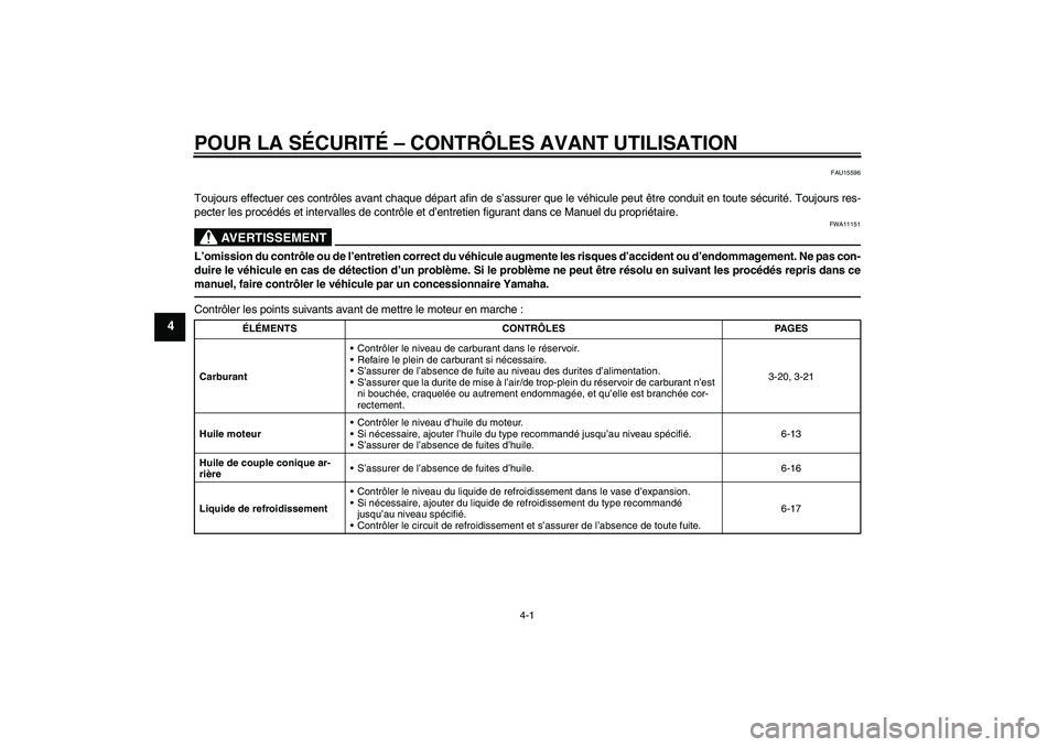 YAMAHA FJR1300AS 2011 Notices Demploi (in French) POUR LA SÉCURITÉ – CONTRÔLES AVANT UTILISATION
4-1
4
FAU15596
Toujours effectuer ces contrôles avant chaque départ afin de s’assurer que le véhicule peut être conduit en toute sécurité. T YAMAHA FJR1300AS 2011 Notices Demploi (in French) POUR LA SÉCURITÉ – CONTRÔLES AVANT UTILISATION
4-1
4
FAU15596
Toujours effectuer ces contrôles avant chaque départ afin de s’assurer que le véhicule peut être conduit en toute sécurité. T