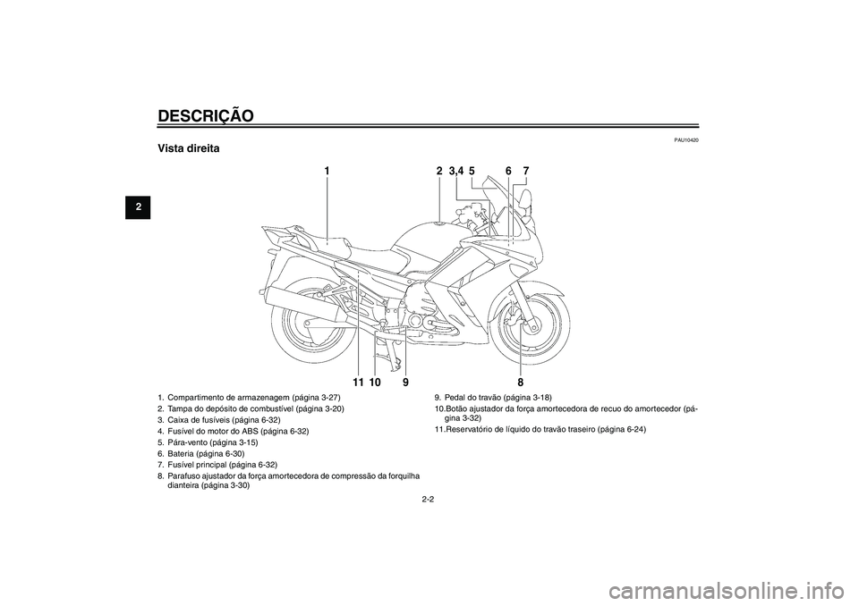 YAMAHA FJR1300AS 2011  Manual de utilização (in Portuguese) DESCRIÇÃO
2-2
2
PAU10420
Vista direita
12
3,4
5
6
78
9
10
11
1. Compartimento de armazenagem (página 3-27)
2. Tampa do depósito de combustíve l (página 3-20)
3. Caixa de fusíveis (página 6-32)