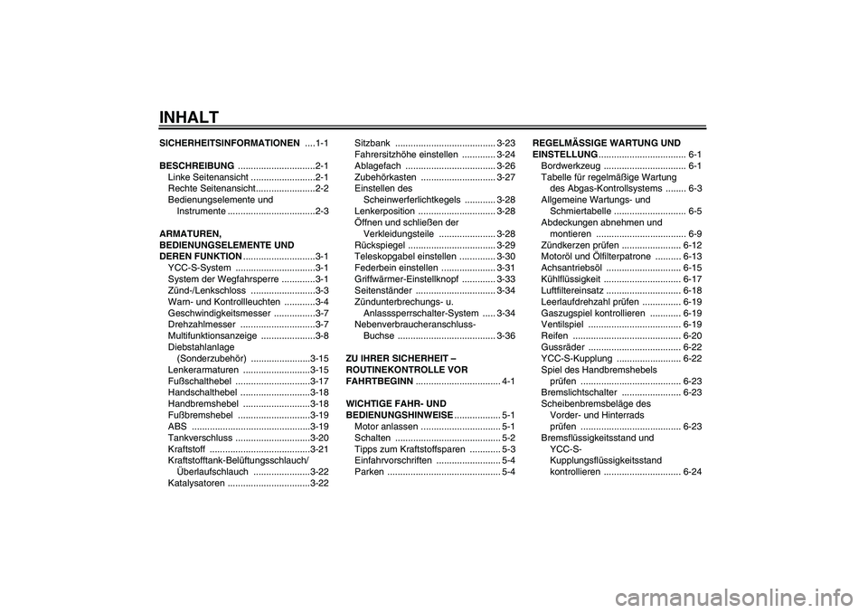 YAMAHA FJR1300AS 2010 Betriebsanleitungen (in German) INHALTSICHERHEITSINFORMATIONEN ....1-1
BESCHREIBUNG ..............................2-1
Linke Seitenansicht .........................2-1
Rechte Seitenansicht.......................2-2
Bedienungselemente YAMAHA FJR1300AS 2010 Betriebsanleitungen (in German) INHALTSICHERHEITSINFORMATIONEN ....1-1
BESCHREIBUNG ..............................2-1
Linke Seitenansicht .........................2-1
Rechte Seitenansicht.......................2-2
Bedienungselemente
