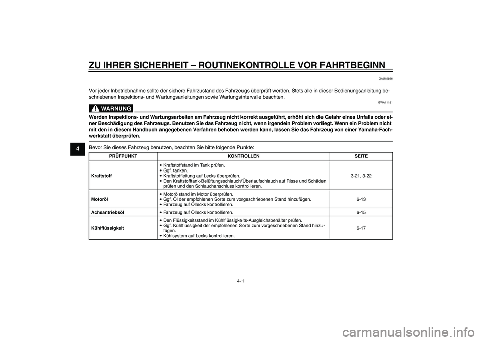 YAMAHA FJR1300AS 2010 Betriebsanleitungen (in German) ZU IHRER SICHERHEIT – ROUTINEKONTROLLE VOR FAHRTBEGINN
4-1
4
GAU15596
Vor jeder Inbetriebnahme sollte der sichere Fahrzustand des Fahrzeugs überprüft werden. Stets alle in dieser Bedienungsanleitu YAMAHA FJR1300AS 2010 Betriebsanleitungen (in German) ZU IHRER SICHERHEIT – ROUTINEKONTROLLE VOR FAHRTBEGINN
4-1
4
GAU15596
Vor jeder Inbetriebnahme sollte der sichere Fahrzustand des Fahrzeugs überprüft werden. Stets alle in dieser Bedienungsanleitu