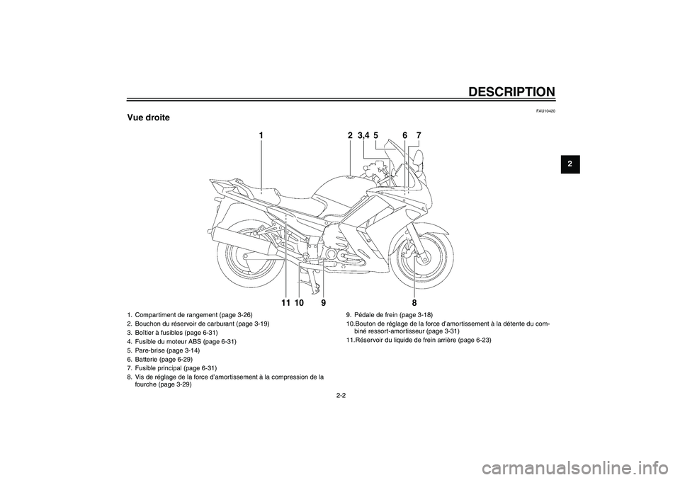 YAMAHA FJR1300AS 2010  Notices Demploi (in French) DESCRIPTION
2-2
2
FAU10420
Vue droite
12
3,4
5
6
78
9
10
11
1. Compartiment de rangement (page 3-26)
2. Bouchon du réservoir de carburant (page 3-19)
3. Boîtier à fusibles (page 6-31)
4. Fusible du