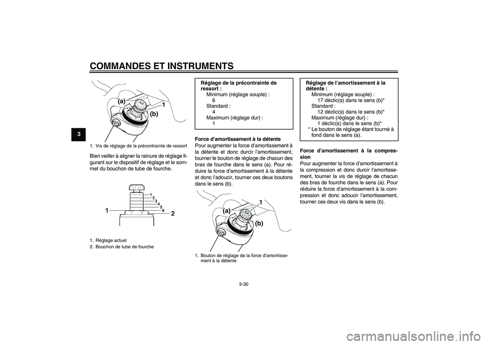 YAMAHA FJR1300AS 2010  Notices Demploi (in French) COMMANDES ET INSTRUMENTS
3-30
3
Bien veiller à aligner la rainure de réglage fi-
gurant sur le dispositif de réglage et le som-
met du bouchon de tube de fourche.Force d’amortissement à la déte