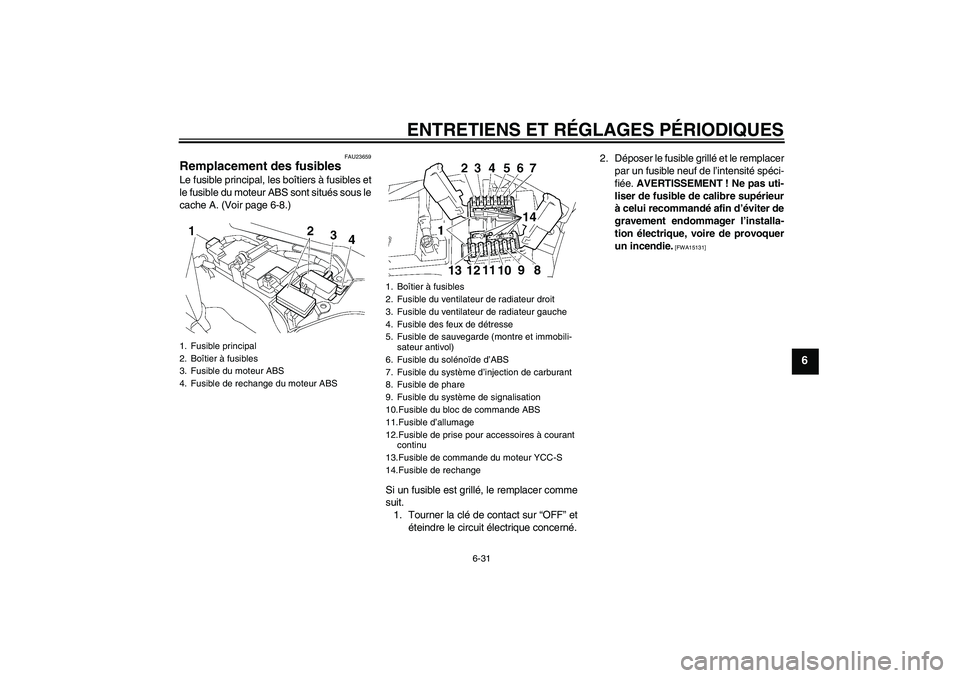 YAMAHA FJR1300AS 2010 Notices Demploi (in French) ENTRETIENS ET RÉGLAGES PÉRIODIQUES
6-31
6
FAU23659
Remplacement des fusibles Le fusible principal, les boîtiers à fusibles et
le fusible du moteur ABS sont situés sous le
cache A. (Voir page 6-8. YAMAHA FJR1300AS 2010 Notices Demploi (in French) ENTRETIENS ET RÉGLAGES PÉRIODIQUES
6-31
6
FAU23659
Remplacement des fusibles Le fusible principal, les boîtiers à fusibles et
le fusible du moteur ABS sont situés sous le
cache A. (Voir page 6-8.