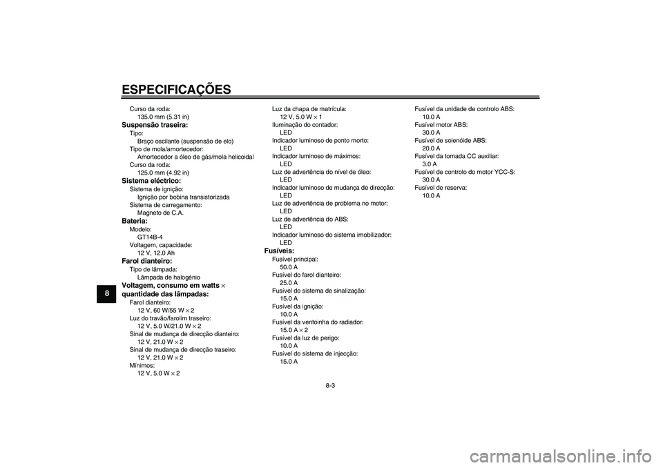 YAMAHA FJR1300AS 2010 Manual de utilização (in Portuguese) ESPECIFICAÇÕES
8-3
8
Curso da roda:
135.0 mm (5.31 in)Suspensão traseira:Tipo:
Braço oscilante (suspensão de elo)
Tipo de mola/amortecedor:
Amortecedor a óleo de gás/mola helicoidal
Curso da ro YAMAHA FJR1300AS 2010 Manual de utilização (in Portuguese) ESPECIFICAÇÕES
8-3
8
Curso da roda:
135.0 mm (5.31 in)Suspensão traseira:Tipo:
Braço oscilante (suspensão de elo)
Tipo de mola/amortecedor:
Amortecedor a óleo de gás/mola helicoidal
Curso da ro