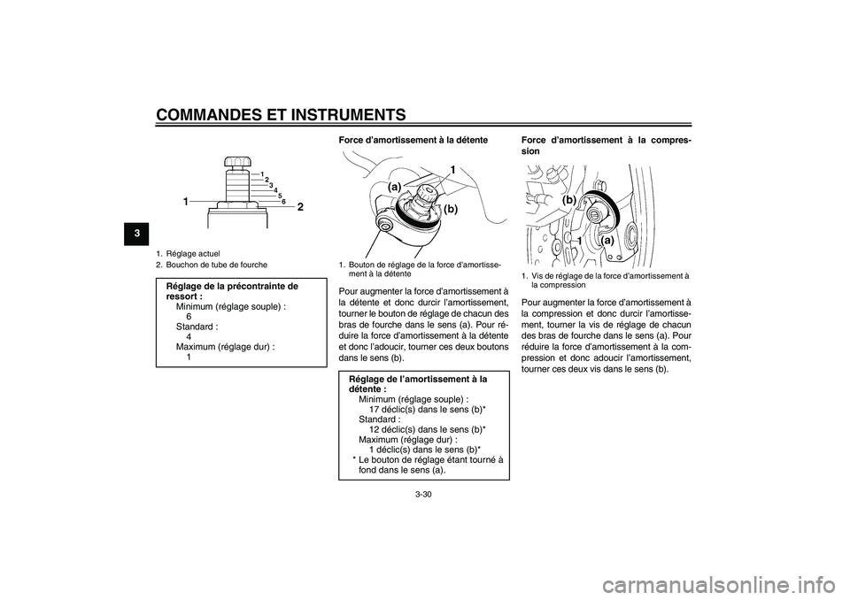YAMAHA FJR1300AS 2009 Notices Demploi (in French) COMMANDES ET INSTRUMENTS
3-30
3
Force d’amortissement à la détente
Pour augmenter la force d’amortissement à
la détente et donc durcir l’amortissement,
tourner le bouton de réglage de chacu YAMAHA FJR1300AS 2009 Notices Demploi (in French) COMMANDES ET INSTRUMENTS
3-30
3
Force d’amortissement à la détente
Pour augmenter la force d’amortissement à
la détente et donc durcir l’amortissement,
tourner le bouton de réglage de chacu