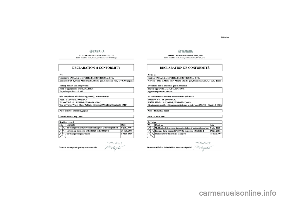 YAMAHA FJR1300AS 2008 Notices Demploi (in French) FAU26944
DECLARATION of CONFORMITY
YAMAHA MOTOR ELECTRONICS CO., LTD.1450-6, Mori, Mori-machi, Shuchi-gun, Shizuoka-ken, 437-0292 Japan
General manager of quality assurance div.
DÉCLARATION DE CONFOR YAMAHA FJR1300AS 2008 Notices Demploi (in French) FAU26944
DECLARATION of CONFORMITY
YAMAHA MOTOR ELECTRONICS CO., LTD.1450-6, Mori, Mori-machi, Shuchi-gun, Shizuoka-ken, 437-0292 Japan
General manager of quality assurance div.
DÉCLARATION DE CONFOR