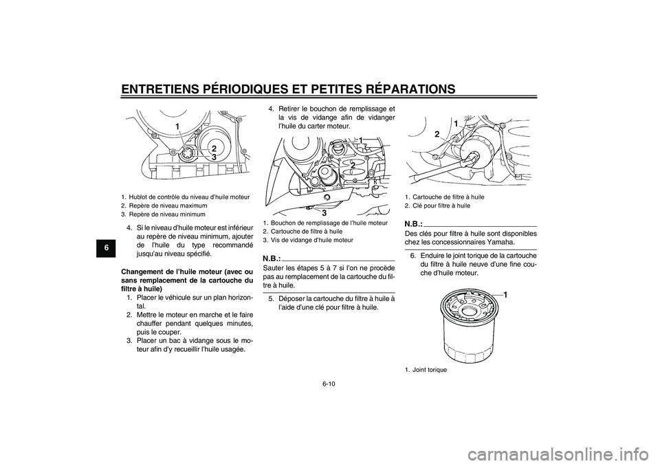 YAMAHA FJR1300AS 2008 Notices Demploi (in French) ENTRETIENS PÉRIODIQUES ET PETITES RÉPARATIONS
6-10
6
4. Si le niveau d’huile moteur est inférieur
au repère de niveau minimum, ajouter
de l’huile du type recommandé
jusqu’au niveau spécifi YAMAHA FJR1300AS 2008 Notices Demploi (in French) ENTRETIENS PÉRIODIQUES ET PETITES RÉPARATIONS
6-10
6
4. Si le niveau d’huile moteur est inférieur
au repère de niveau minimum, ajouter
de l’huile du type recommandé
jusqu’au niveau spécifi
