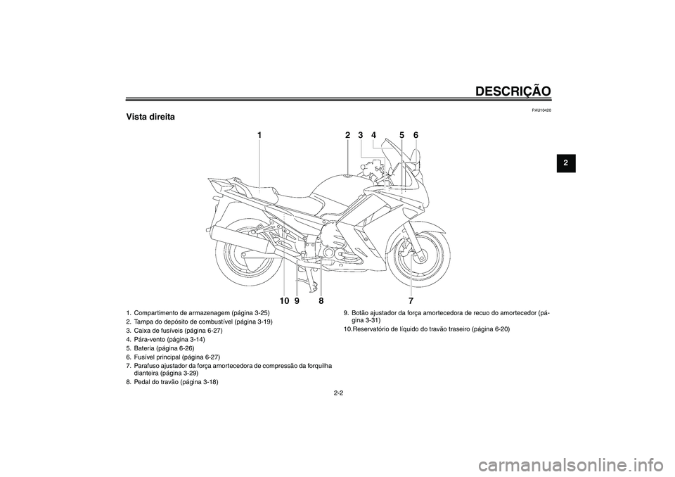 YAMAHA FJR1300AS 2008  Manual de utilização (in Portuguese) DESCRIÇÃO
2-2
2
PAU10420
Vista direita1. Compartimento de armazenagem (página 3-25)
2. Tampa do depósito de combustível (página 3-19)
3. Caixa de fusíveis (página 6-27)
4. Pára-vento (página