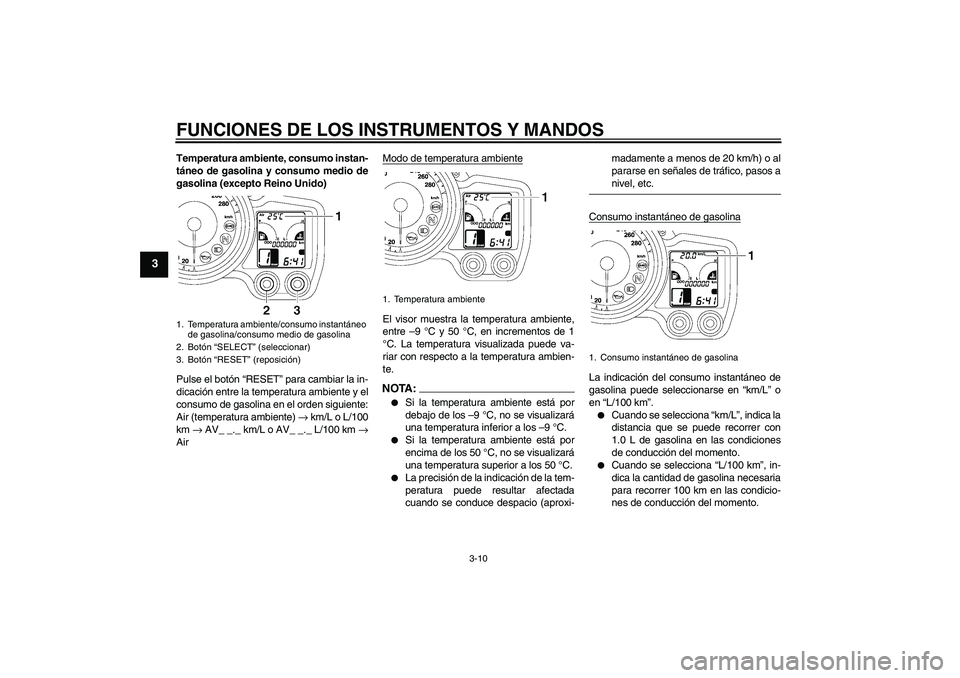YAMAHA FJR1300AS 2006 Manuale de Empleo (in Spanish) FUNCIONES DE LOS INSTRUMENTOS Y MANDOS
3-10
3
Temperatura ambiente, consumo instan-
táneo de gasolina y consumo medio de
gasolina (excepto Reino Unido)
Pulse el botón “RESET” para cambiar la in- YAMAHA FJR1300AS 2006 Manuale de Empleo (in Spanish) FUNCIONES DE LOS INSTRUMENTOS Y MANDOS
3-10
3
Temperatura ambiente, consumo instan-
táneo de gasolina y consumo medio de
gasolina (excepto Reino Unido)
Pulse el botón “RESET” para cambiar la in-