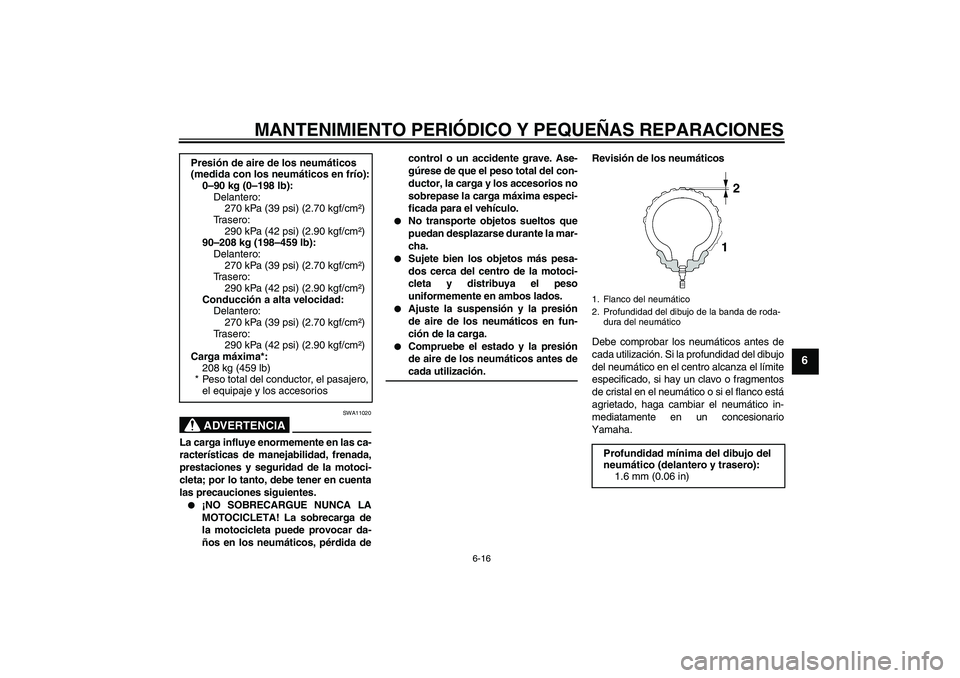 YAMAHA FJR1300AS 2006 Manuale de Empleo (in Spanish) MANTENIMIENTO PERIÓDICO Y PEQUEÑAS REPARACIONES
6-16
6
ADVERTENCIA
SWA11020
La carga influye enormemente en las ca-
racterísticas de manejabilidad, frenada,
prestaciones y seguridad de la motoci-
c YAMAHA FJR1300AS 2006 Manuale de Empleo (in Spanish) MANTENIMIENTO PERIÓDICO Y PEQUEÑAS REPARACIONES
6-16
6
ADVERTENCIA
SWA11020
La carga influye enormemente en las ca-
racterísticas de manejabilidad, frenada,
prestaciones y seguridad de la motoci-
c