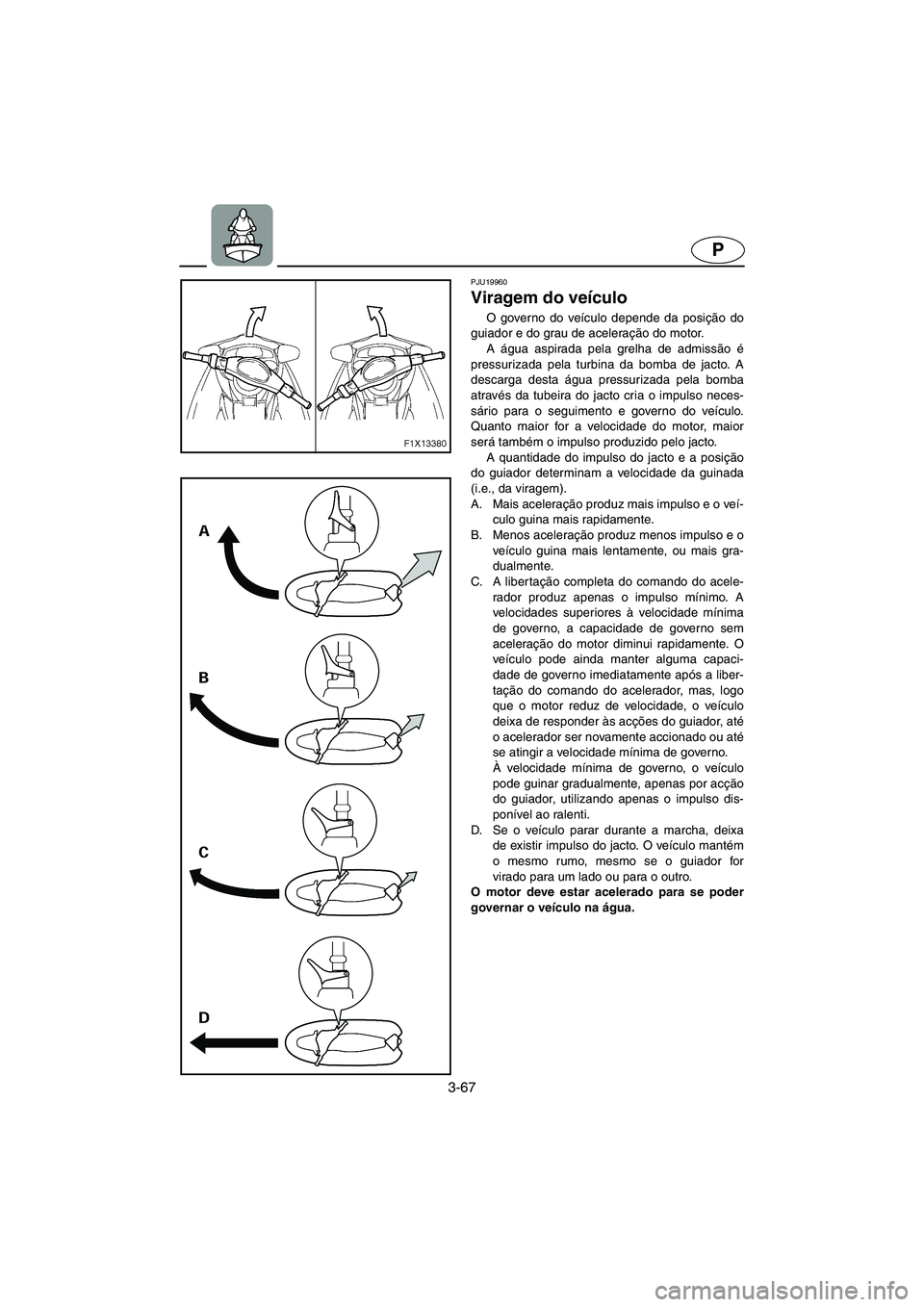 YAMAHA FX CRUISER 2006 Manuale duso (in Italian) 3-67
P
PJU19960
Viragem do veículo
O governo do veículo depende da posição do
guiador e do grau de aceleração do motor.
A água aspirada pela grelha de admissão é
pressurizada pela turbina d YAMAHA FX CRUISER 2006 Manuale duso (in Italian) 3-67
P
PJU19960
Viragem do veículo
O governo do veículo depende da posição do
guiador e do grau de aceleração do motor.
A água aspirada pela grelha de admissão é
pressurizada pela turbina d