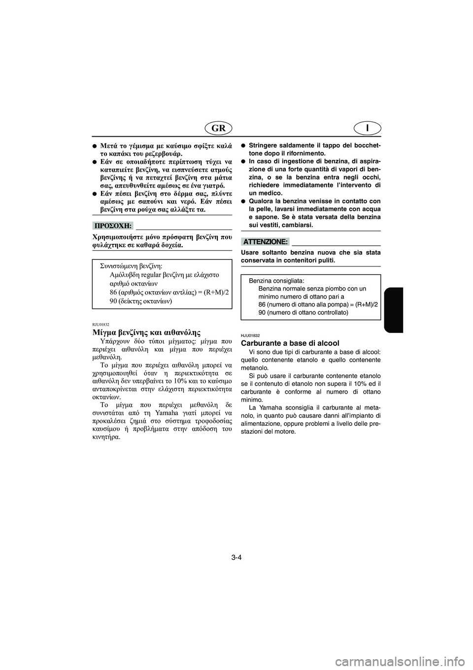 YAMAHA FX 2003  Manual de utilização (in Portuguese) 3-4
IGR
Μετά το γέμισμα με καύσιμο σφίξτε καλά
το καπάκι του ρεζερβουάρ. 
Εάν σε οποιαδήποτε περίπτωση τύχει να
