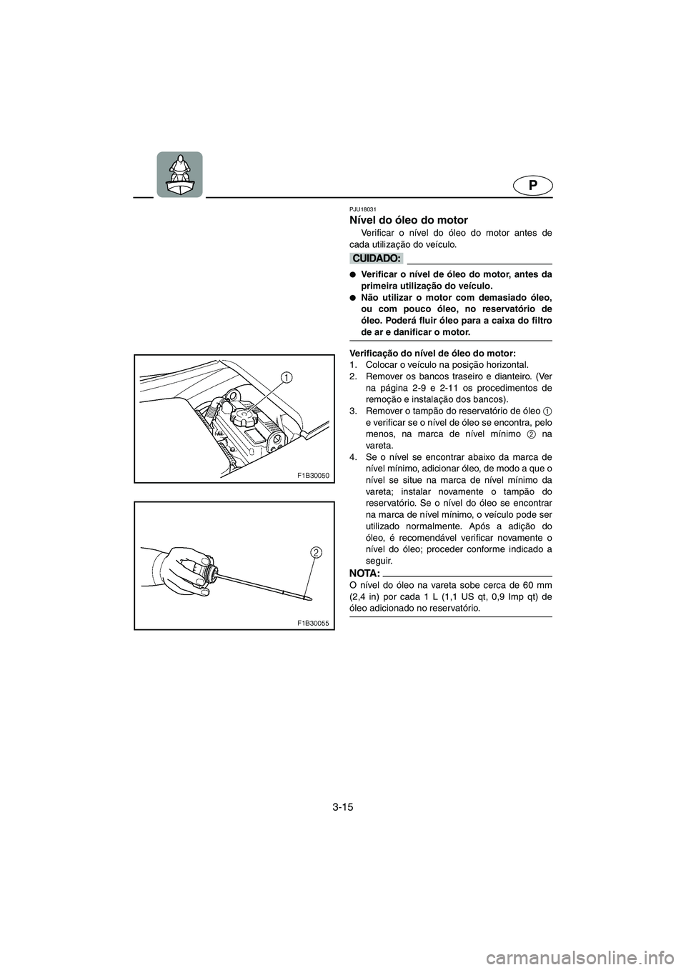 YAMAHA FX 2003  Manual de utilização (in Portuguese) 3-15
P
PJU18031
Nível do óleo do motor 
Ve r i f i c a r  o  nível do óleo do motor antes de
cada utilização do veículo.
@ Ve r i f i c a r  o  nível de óleo do motor, antes da
primeira util