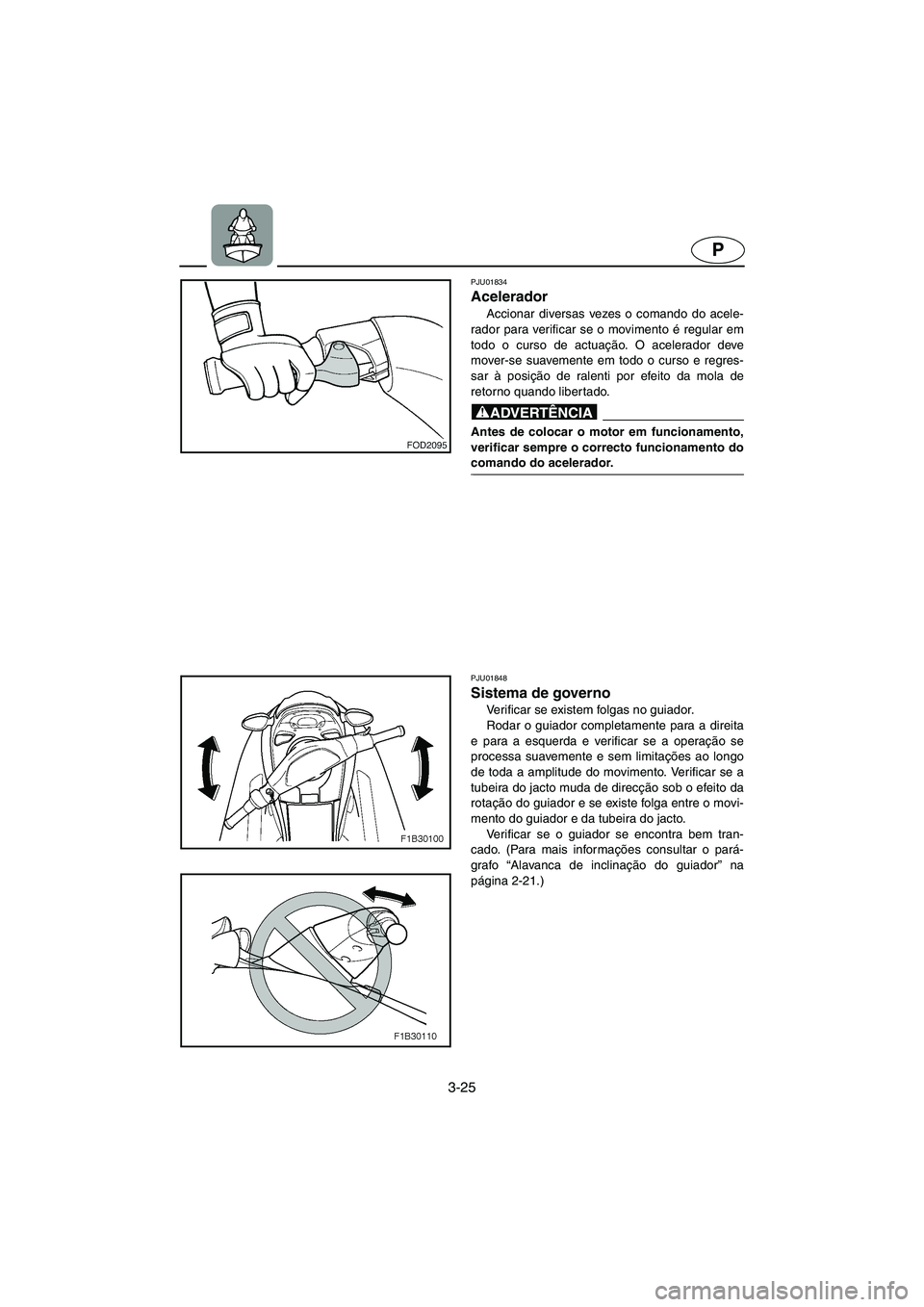 YAMAHA FX 2003  Manual de utilização (in Portuguese) 3-25
P
PJU01834 
Acelerador  
Accionar diversas vezes o comando do acele-
rador para verificar se o movimento é regular em
todo o curso de actuação. O acelerador deve
mover-se suavemente em todo o 