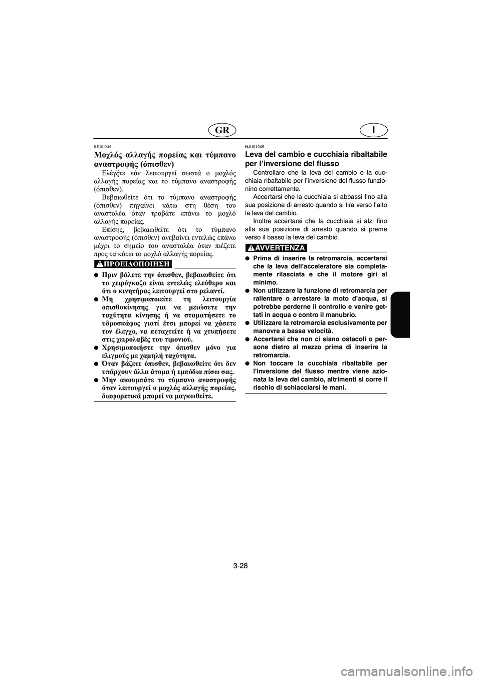 YAMAHA FX 2003  Manual de utilização (in Portuguese) 3-28
IGR
RJU01245 
Μοχλός αλλαγής πορείας και τύμπανο
αναστροφής (όπισθεν)  
Ελέγξτε εάν λειτουργεί σωστά ο μοχλός
αλλ