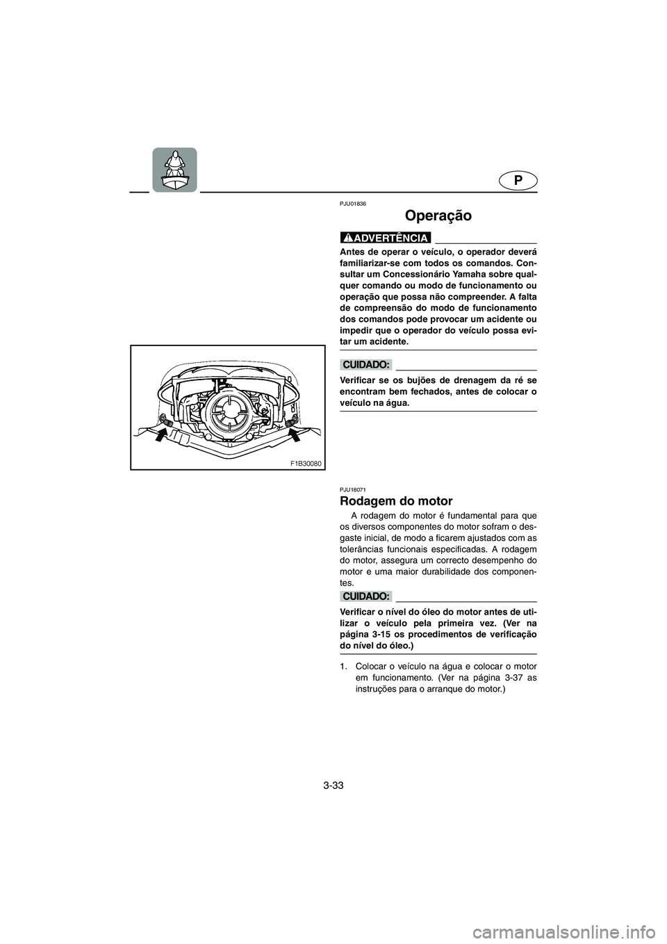 YAMAHA FX 2003  Manual de utilização (in Portuguese) 3-33
P
PJU01836 
Operação  
@ Antes de operar o veículo, o operador deverá
familiarizar-se com todos os comandos. Con-
sultar um Concessionário Yamaha sobre qual-
quer comando ou modo de funciona