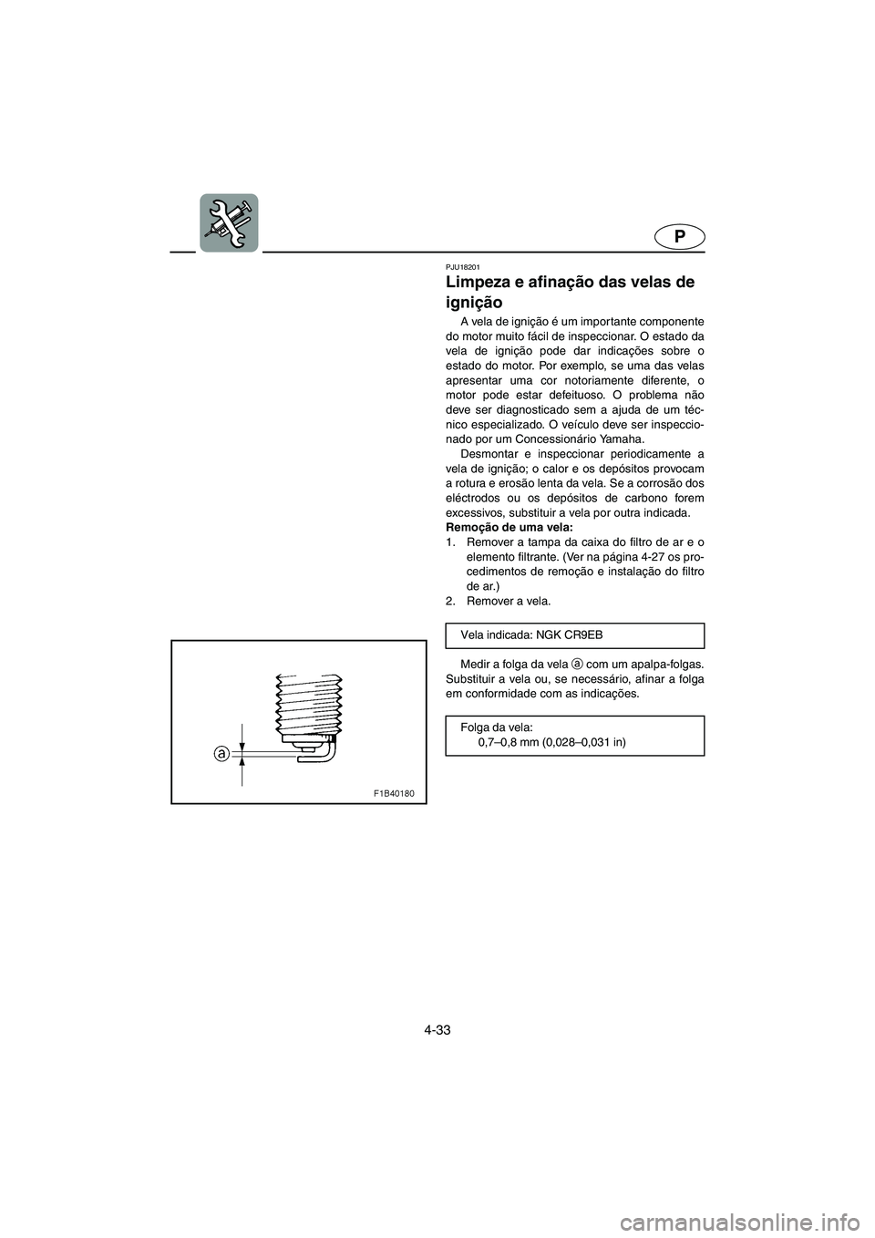 YAMAHA FX 2003  Manual de utilização (in Portuguese) 4-33
P
PJU18201
Limpeza e afinação das velas de 
ignição 
A vela de ignição é um importante componente
do motor muito fácil de inspeccionar. O estado da
vela de ignição pode dar indicações