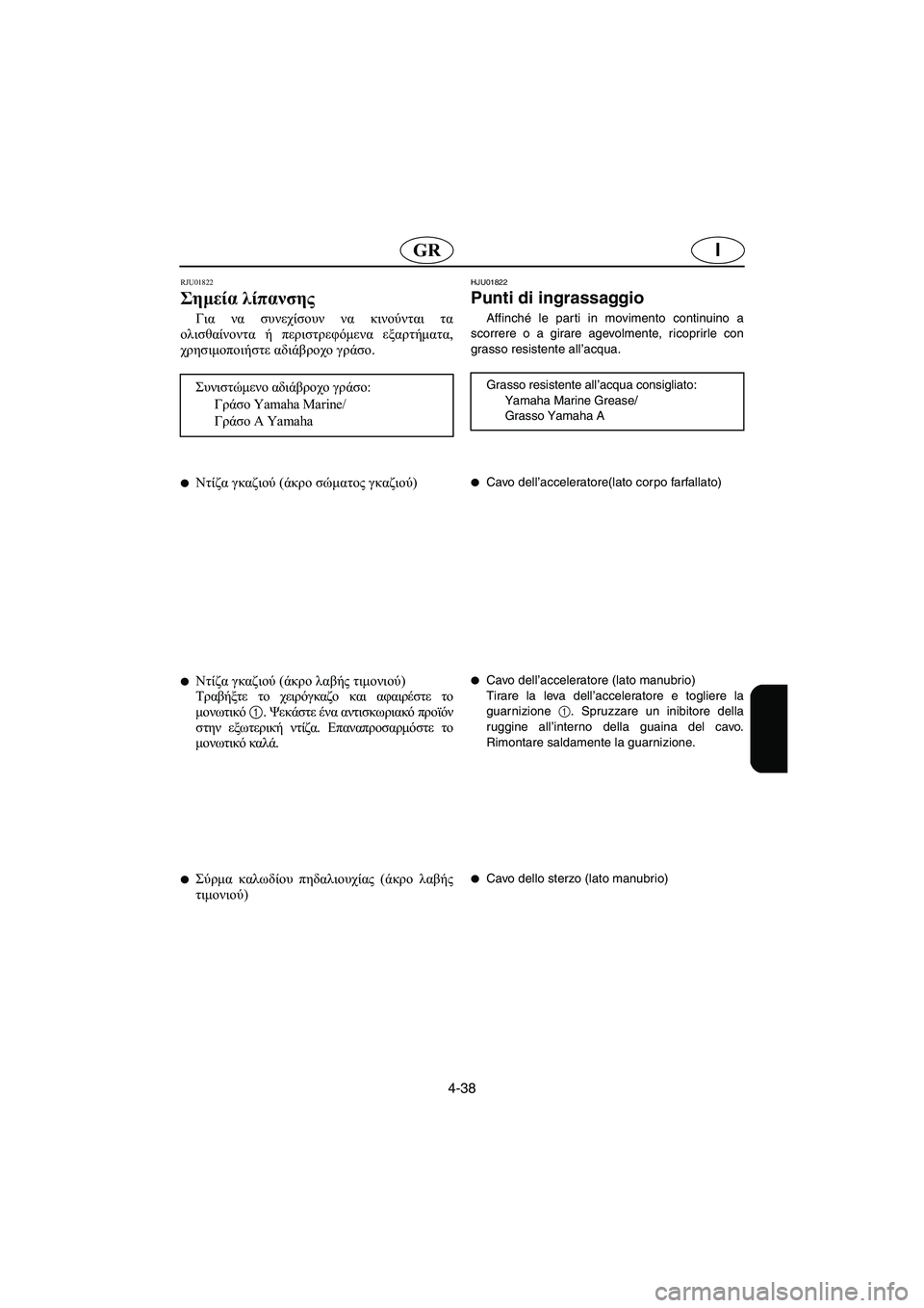 YAMAHA FX 2003 Manual de utilização (in Portuguese) 4-38
IGR
RJU01822
Σημεία λίπανσης
Για να συνεχίσουν να κινούνται τα
ολισθαίνοντα ή περιστρεφόμενα εξαρτήματα,
χρησ YAMAHA FX 2003 Manual de utilização (in Portuguese) 4-38
IGR
RJU01822
Σημεία λίπανσης
Για να συνεχίσουν να κινούνται τα
ολισθαίνοντα ή περιστρεφόμενα εξαρτήματα,
χρησ