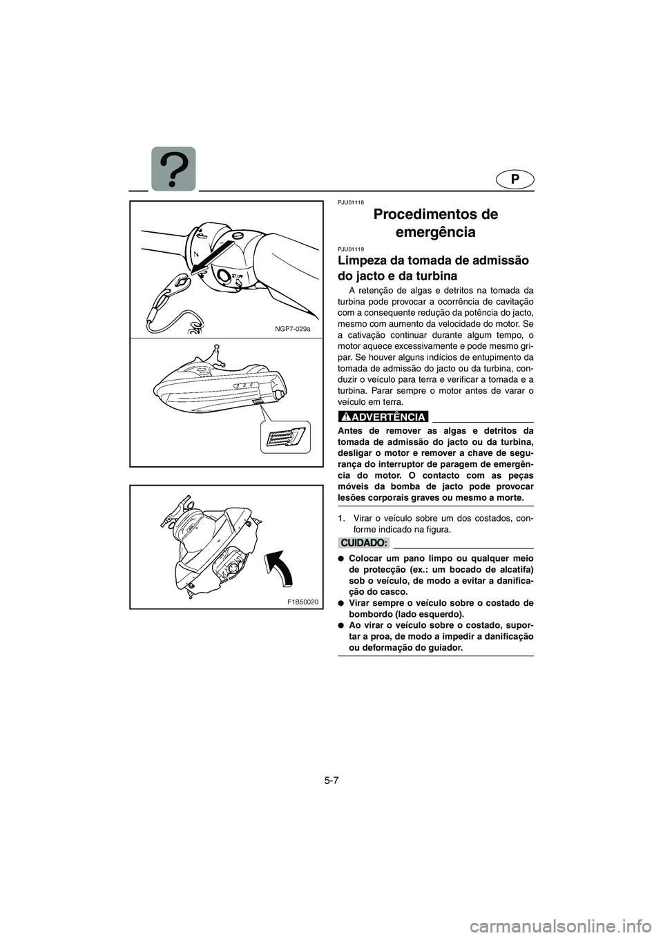 YAMAHA FX 2003  Manual de utilização (in Portuguese) 5-7
P
PJU01118 
Procedimentos de 
emergência 
PJU01119 
Limpeza da tomada de admissão 
do jacto e da turbina  
A retenção de algas e detritos na tomada da
turbina pode provocar a ocorrência de ca